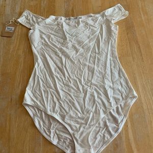 Reformation jeans white off shoulder body suit